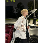 Threebooy White Denim Handsome Short Jacket Men Flame Splicing Jeans Jacket Coats Casual Pockets Bomber Jacket Streetwear Man Clothing